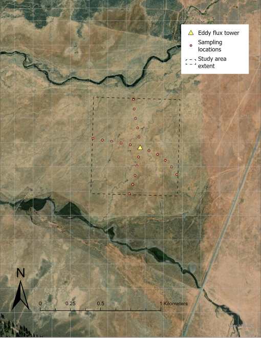 Aerial imagery map showing study area in Red Clover Valley, with eddy flux towers and sampling locations indicated