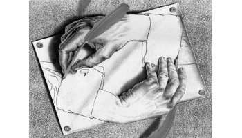 Escher painting hands writing themselves