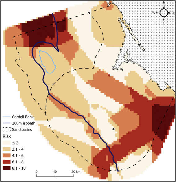 Cumulative risk map from an inVEST habitat risk assessment Euclidean model