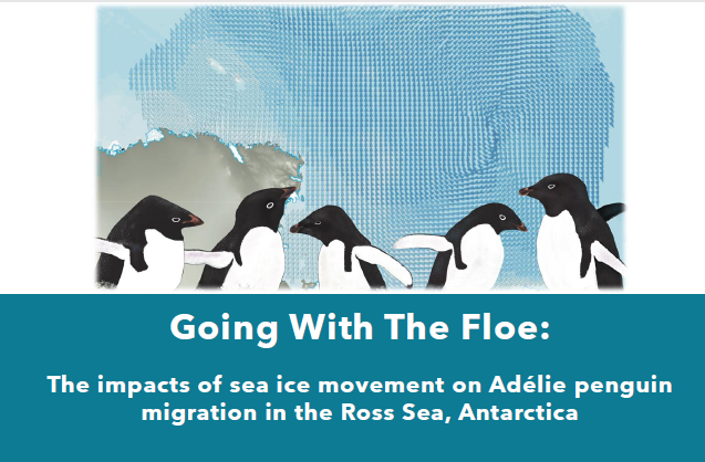 Illustration of penguins above a teal text banner containing the thesis title.