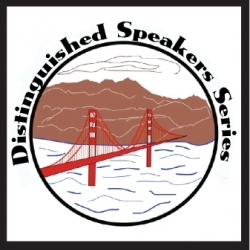 Logo for the Distinguished Speakers Series: a round frame containing the Golden Gate Bridge and Marin Headlands, with "Distinguished Speakers Series" printed above the frame along a circular path.